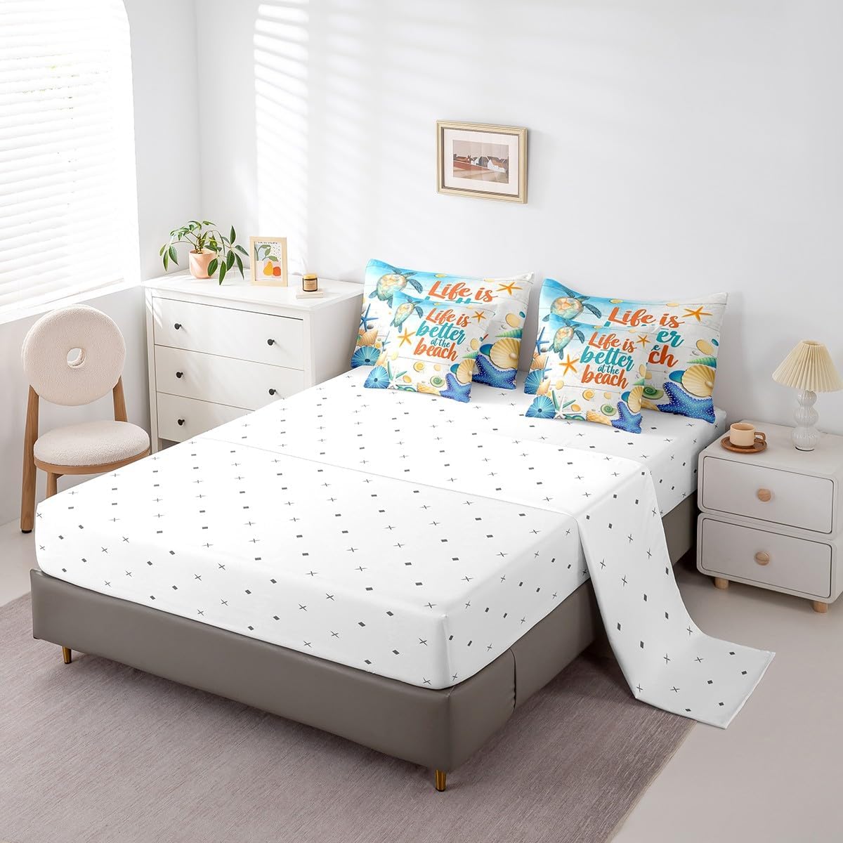 Manfei 7 Pieces Sea Beach Comforter Set Queen Size, Sea Turtle Starfish Shell Conch Bedding Set, Ocean Beach Theme Bed in A Bag with Comforter, Sheets and Pillowcases, Kids Boy Girls Room Decor