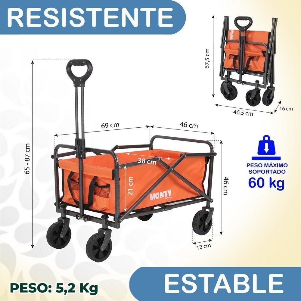 Carro playa de mano trolley, mango regulable, plegable, 2 ruedas giratorias, 69x46x87 cm, acero Epoxi anticorrosión-tejido Oxford naranja, carretilla multiusos, carga 60 kg, camping, jardín, compra