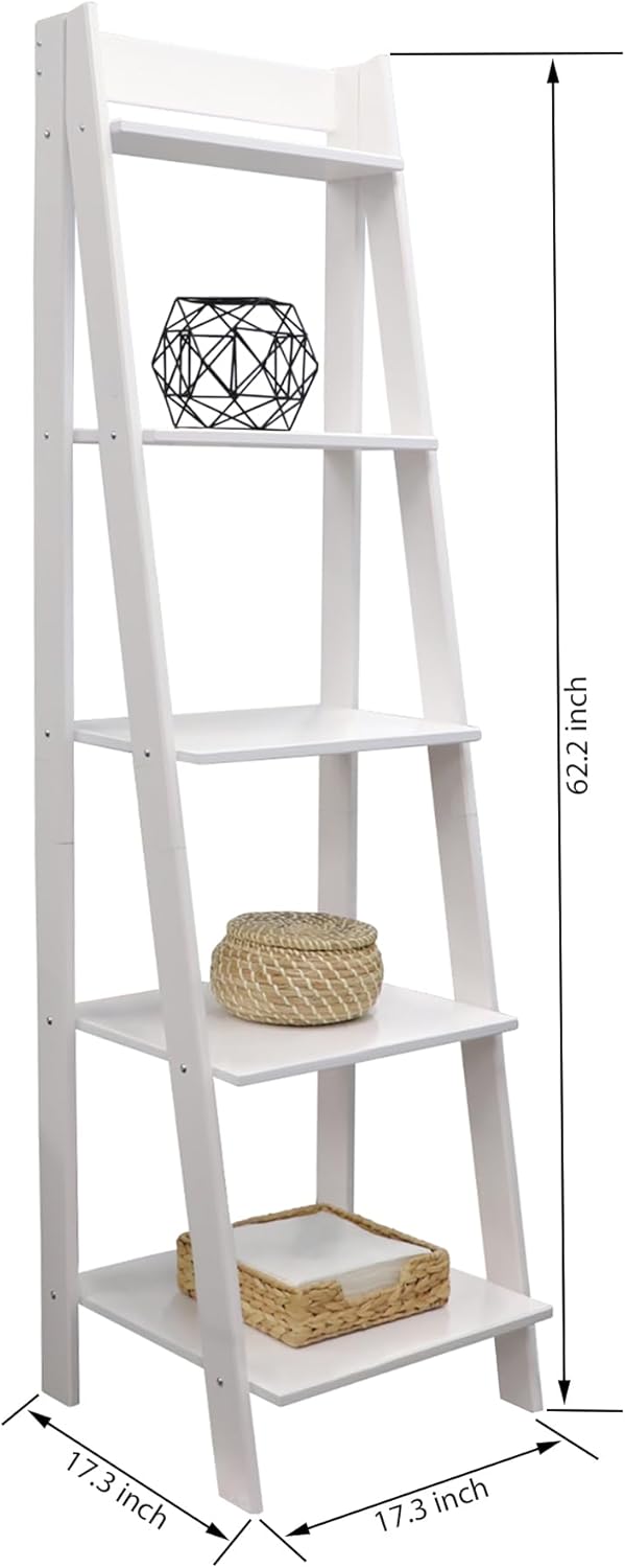 Jela-USA Solid Pine Wood 5 Shelf Ladder Bookshelf, White