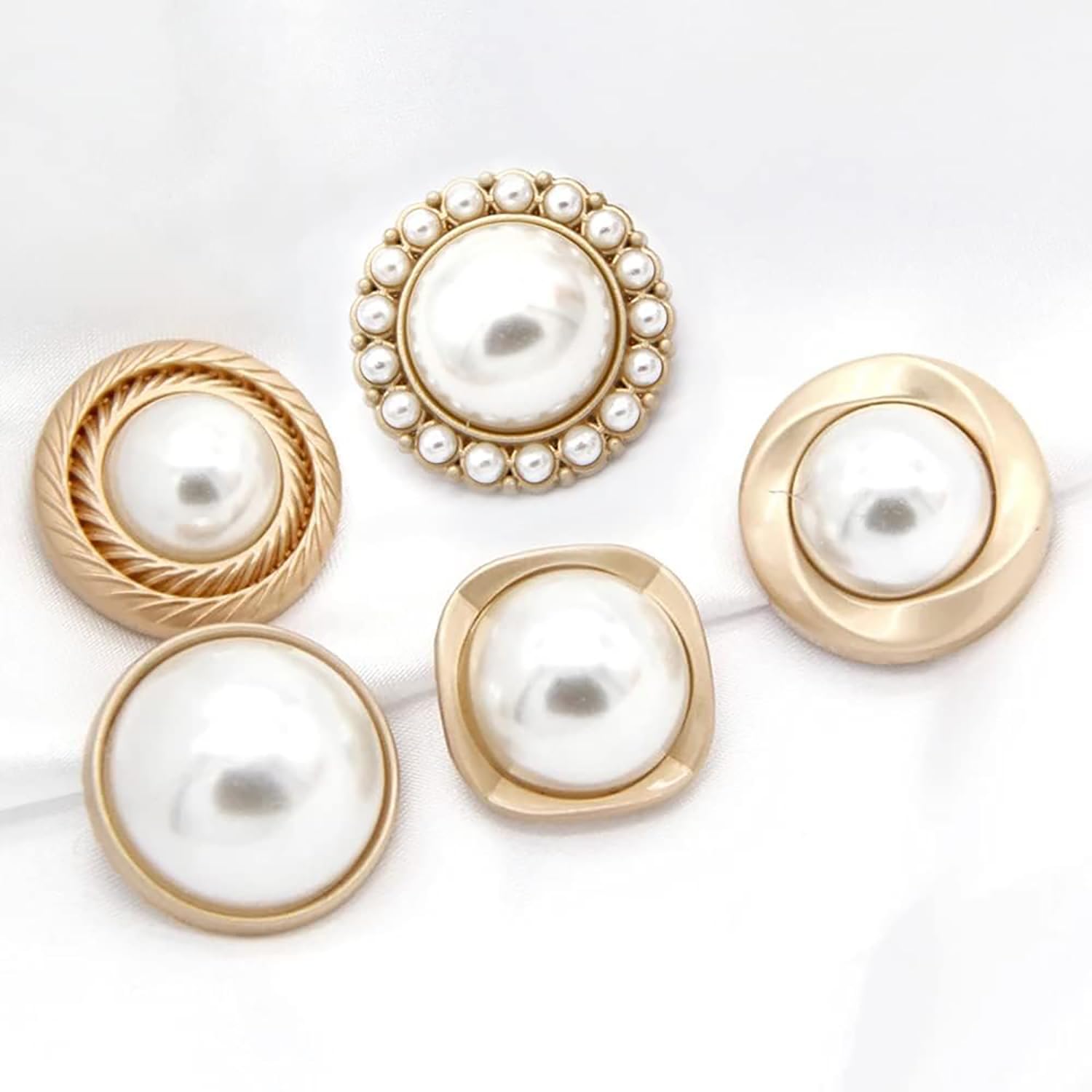 Lot De 5 Boutons De Fermeture Dorés Et Blancs Avec Perles