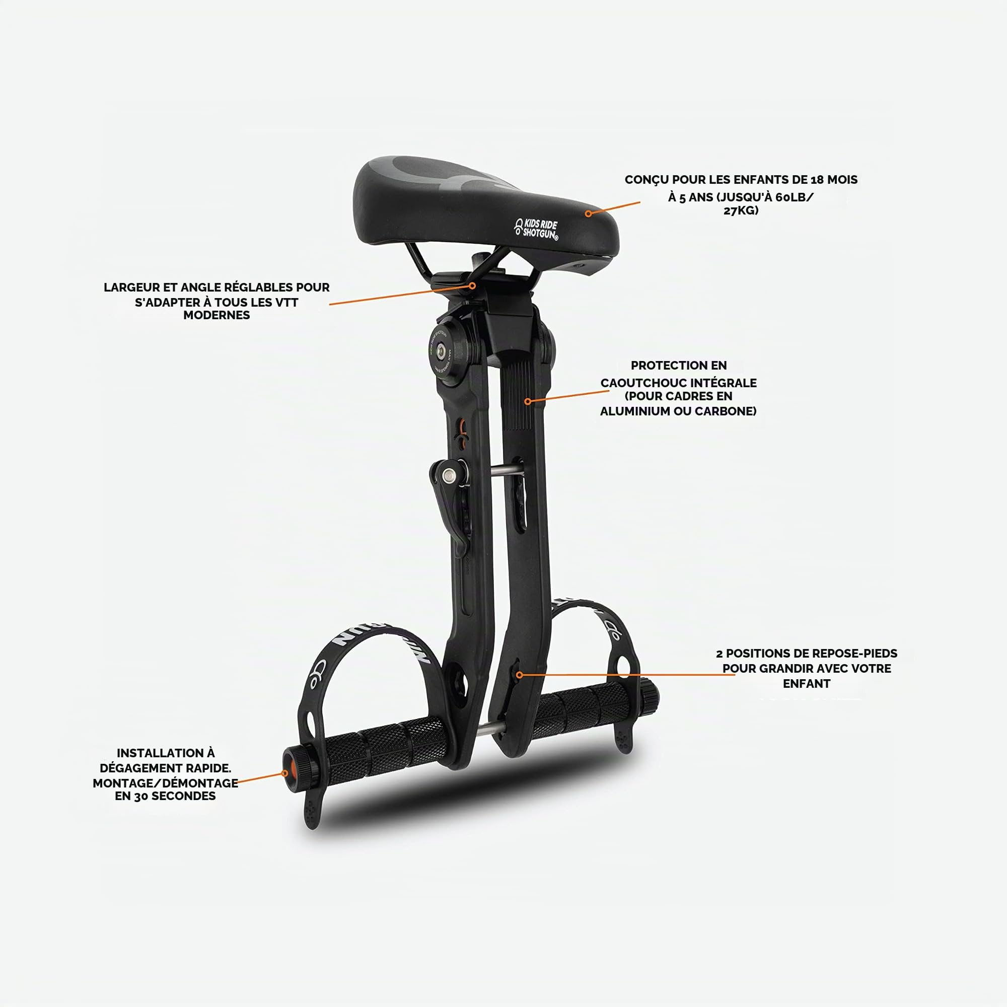 Kids Ride Shotgun – Selle Enfant – Montage à l'avant, pour Enfant de 2 à 5 Ans, Compatible avec la Plupart des VTT récents pour Adultes, Réglable pour Le Confort