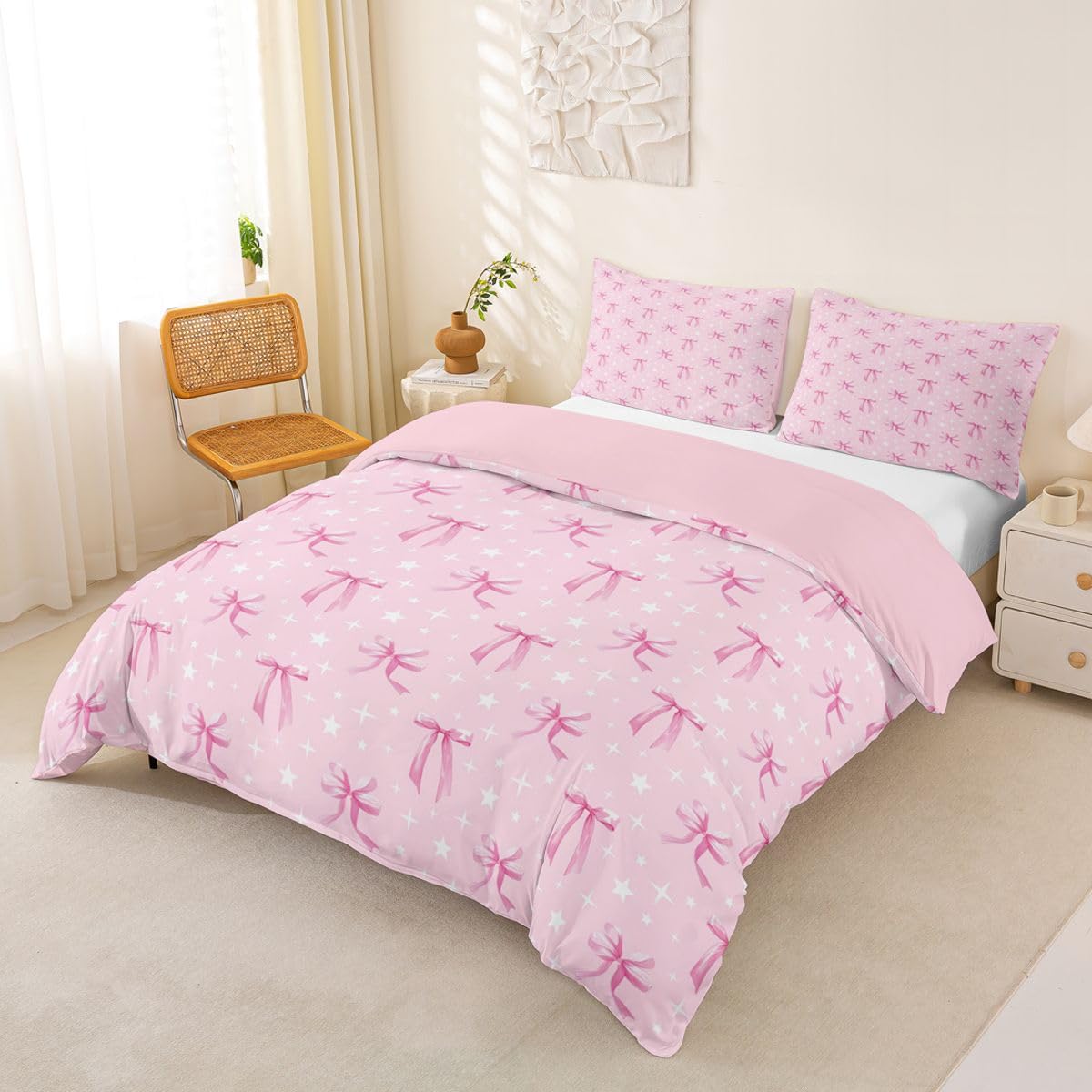 Homewish Set di biancheria da letto per letto super king size con fiocco rosa con fiocco e fiocco con stelle glitterate