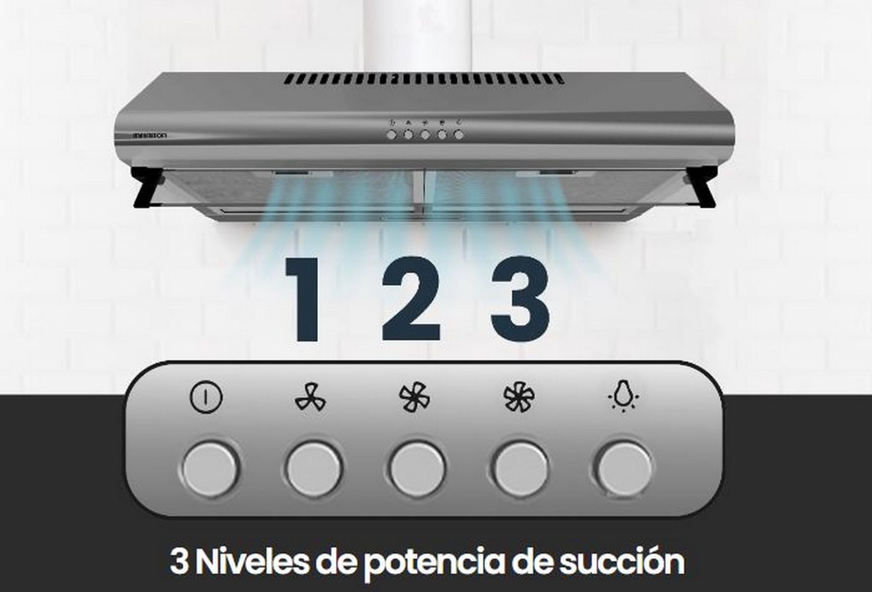 INFINITON Campana Extractora CMPV-620XB10, 200 m3/h, Ancho 60 cm, Altura especial de 105cm para su instalación, Luz LED incorporada,3 Niveles de potencia de succión, Inox