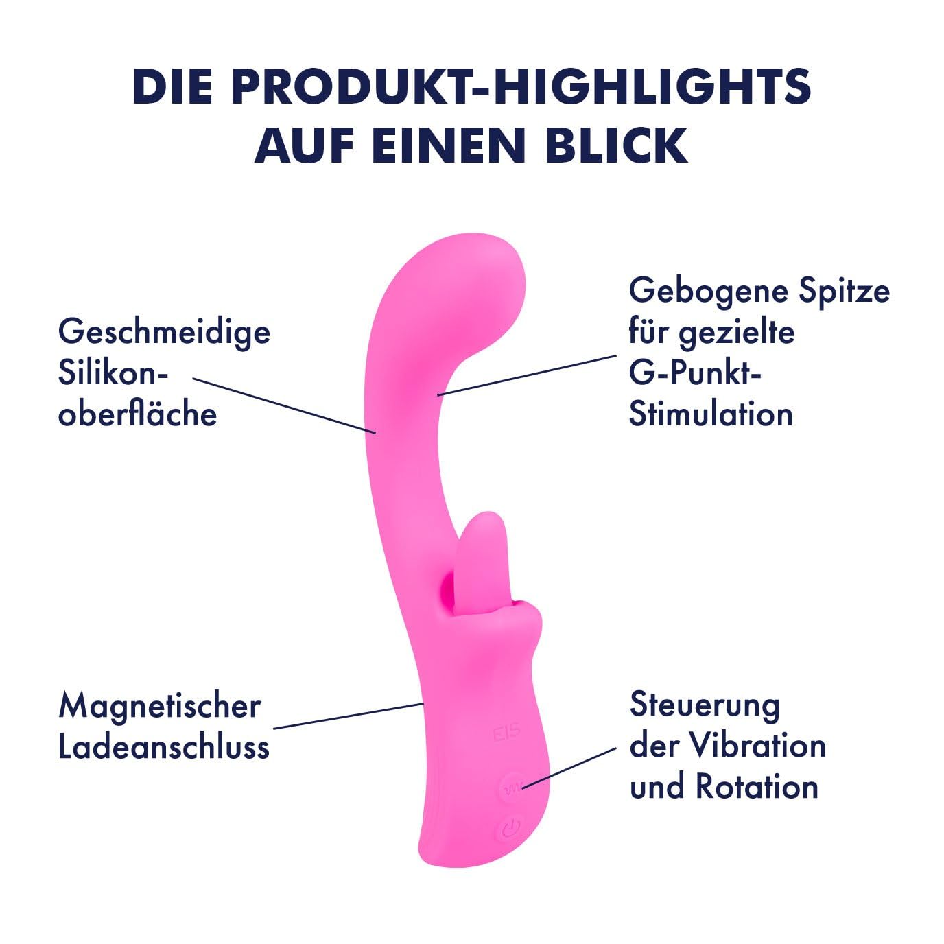 EIS | vibratore | Rabbit in silicone con lingua rotante | 22,5 cm | impermeabile (IPX7) | ricaricabile | 2 motori con 7 programmi ciascuno | materiale delicato sulla pelle