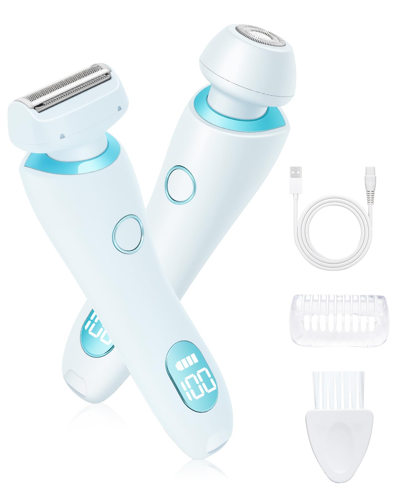 Bikini Trimmer for Women – Dual Head, IPX7 Waterproof & Painless Electric Razor for Pubic Hair, Face, Legs, Underarms – Portable Cordless Shaver with Fast Charging, Self Care Gift (Blue)