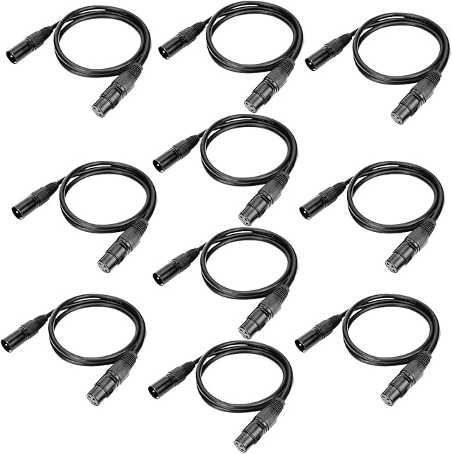 1m DMX Cable, 10PCS WorldLite 3.2ft DMX Signal Cables Signal Wires, 3-Pin XLR Male to Female Stage Light Signal Cable with Metal Connectors, Connection for DMX512 Stage & DJ Lighting fixtures