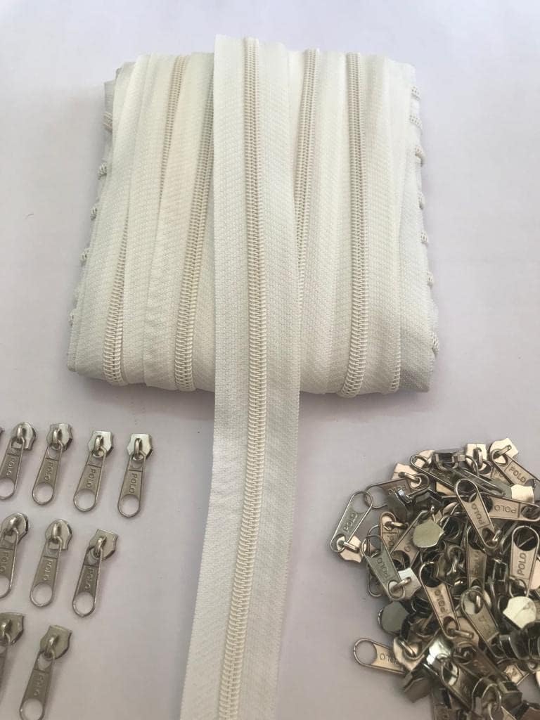 M Fabrics 5 Meters Open Zipper with 10 Steel Zip Puller in Meter for Tailoring, Stitching, Bags and Purse (Open Ended Zips) - (5 Meter Roll + 10 Steel Zips Runner) - (Cream)