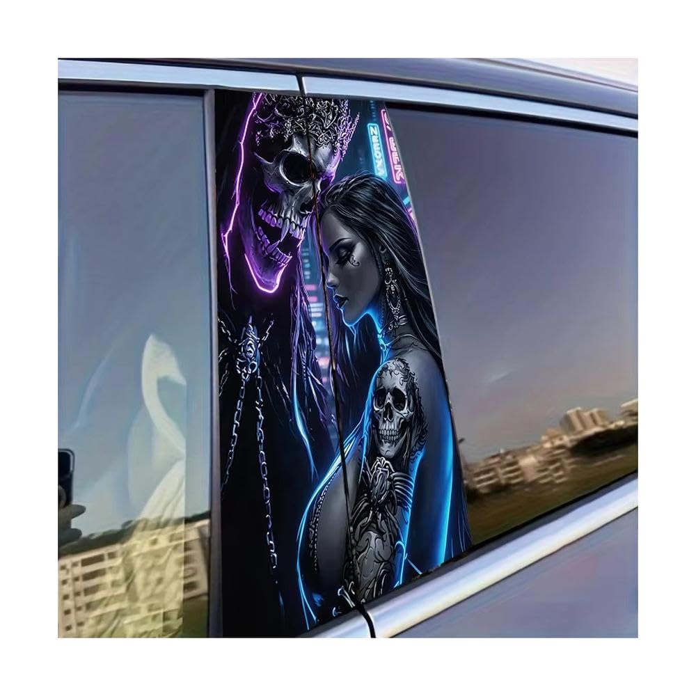 Dabhuoc One Color Car Parts 2 Pcs Car Center Pillar Sticker Skull Reaper & Tattooed Lady Glossy Protective Polyethylene Film