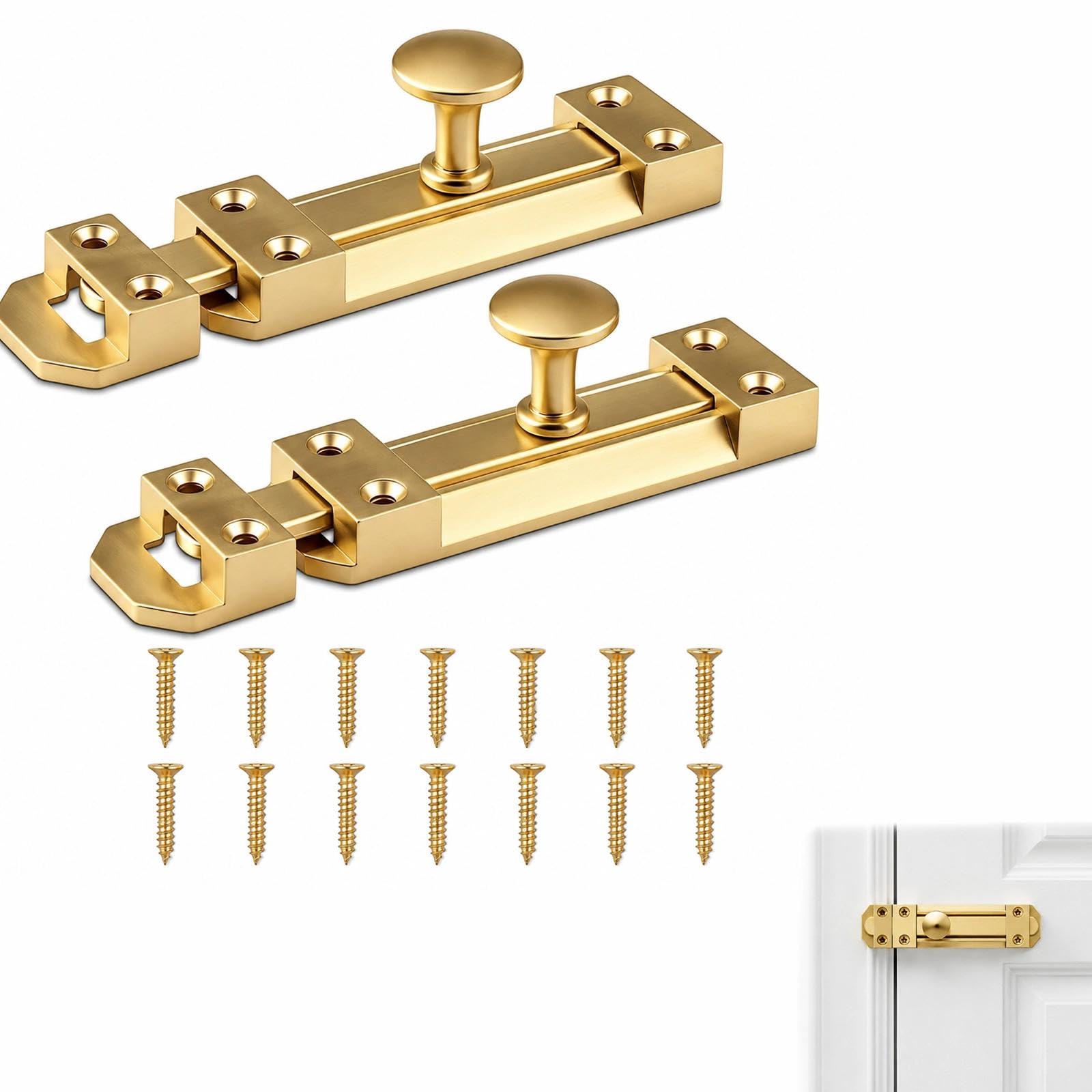 2Pack Brass Door Bolt Lock, 4-inch Polished Surface Mounted Sliding Lock