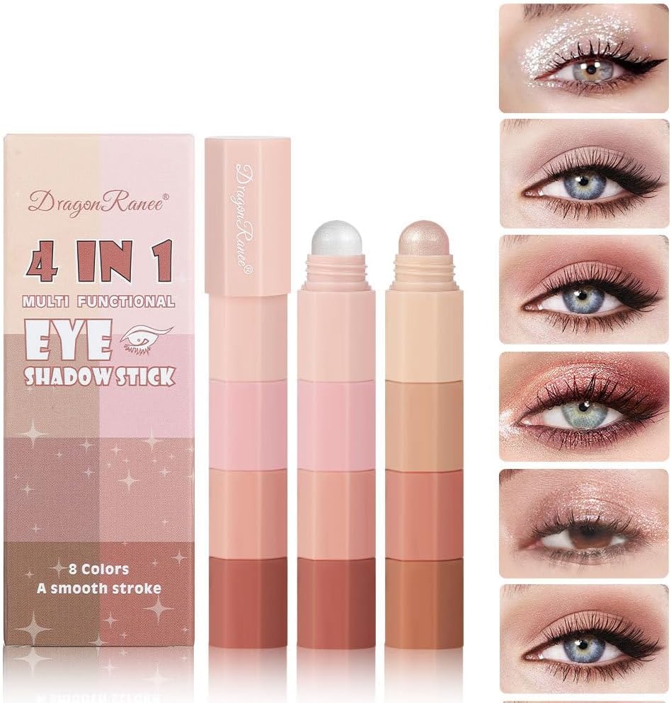 Unyoke 4-in-1 eye shadow pen waterproof non-smudge high-gloss silkworm pen pearlescent four-section eye shadow stick set,Glitter Eyeshadow Eyeliner, Korean Makeup, Teardrop, Shimmer Metallic(#A+#B)