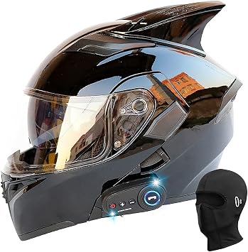 Bluetooth Modular Helmet with Horns Full Face Motorcycle Flip Up Dual Visors Anti Fog Sun Shield DOT/ECE Approved Crash Helmets Automatic Answer Men and Women Helmet Free Hood, L5960CM
