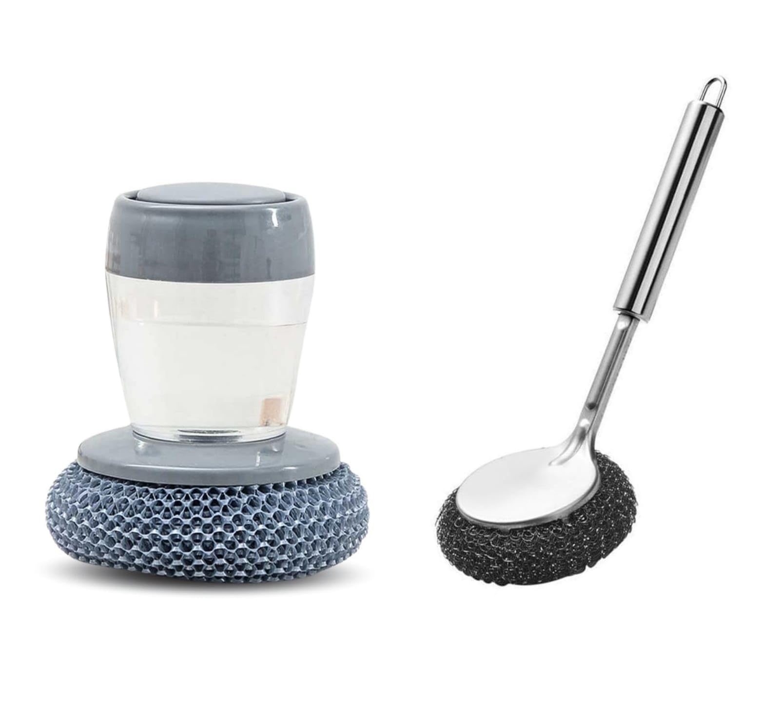 Soap Dispenser Push-Button Palm Scrub with Long Reach Stainless Steel Sponge for Heavy-Duty Dishwashing-image-13