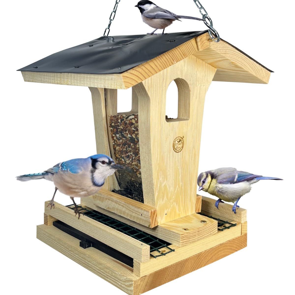 STAFECO Vogelfutterhaus Velgelahuas zum Aufhängen Vogelfutterspender mit Auffangschale, massives Holz, mit Schublade & Schutznetz gegen Futterstreu wetterfest & undurchlässiges Dach, (zum aufhängen 2)