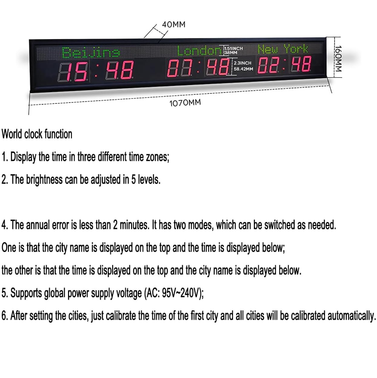 Reloj Mundial Con Múltiples Zonas Horarias, 3 Relojes De Zona Horaria, Reloj De Pared LED, Conexión WiFi Y Ciudad Que Se Pueden Cambiar, Ajuste De Brillo De 5 Niveles, Para Oficinas De Hoteles