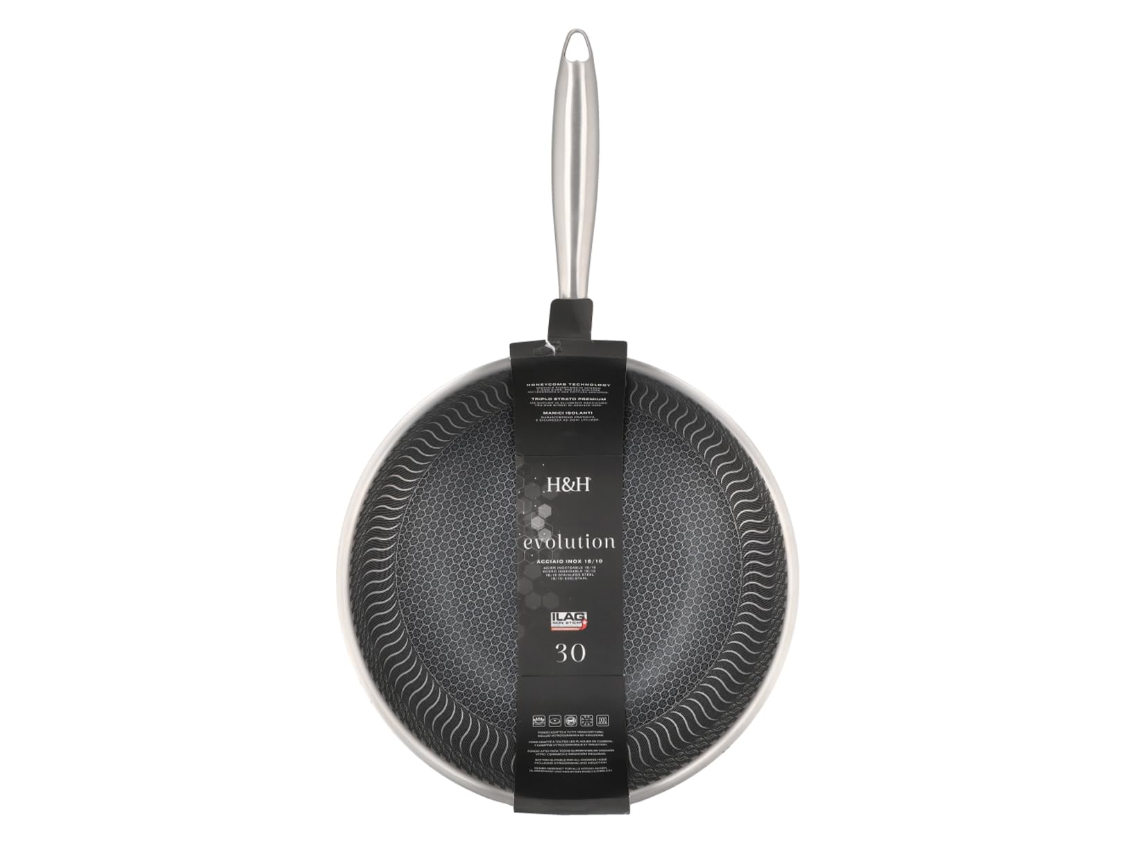 H&H Wok Evolution 30 cm in Acciaio Inox e Alluminio – Rivestimento Antiaderente a Nido d’Ape, Fondo per Induzione, Manico Ergonomico Isolante, Adatto a Tutti i Piani Cottura