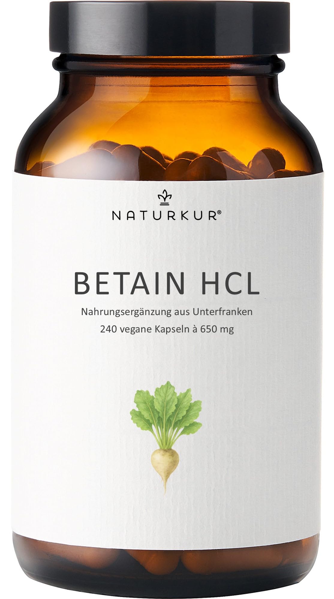 Naturkur® Betain HCL 650mg - 240 Kapseln im Apothekerglas - vegan, ohne Zusatzstoffe, hergestellt in Unterfranken
