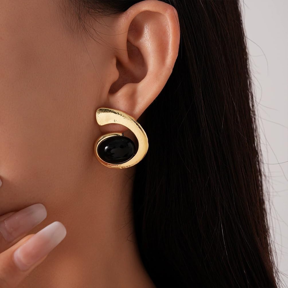 Chunky Gold Turquoise Swirl Stud Earrings for Women Statement Unique Black Oval Crystal Earring Vintage Jewelry Gift Western Party Costume Accessories - Image 4