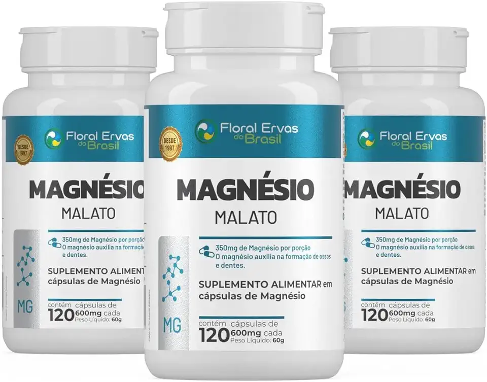 KIT C/3 Un. Magnésio Malato 600 mg – 120 Cápsulas | Floral Ervas do Brasil | Auxilia no Funcionamento Muscular, Neuromuscular e Metabolismo Energético