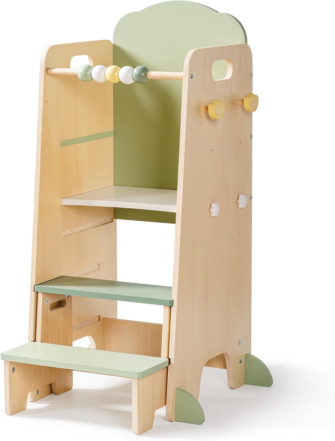 ROBOTIME Wooden Toddler Learning Standing Tower, Adjustable Kitchen Step Stool Helper with Chalkboard, Anti-Tip Design, Safety Rail and Hooks, Montessori Stool Gift for 1-3 Years Old Boys Girls
