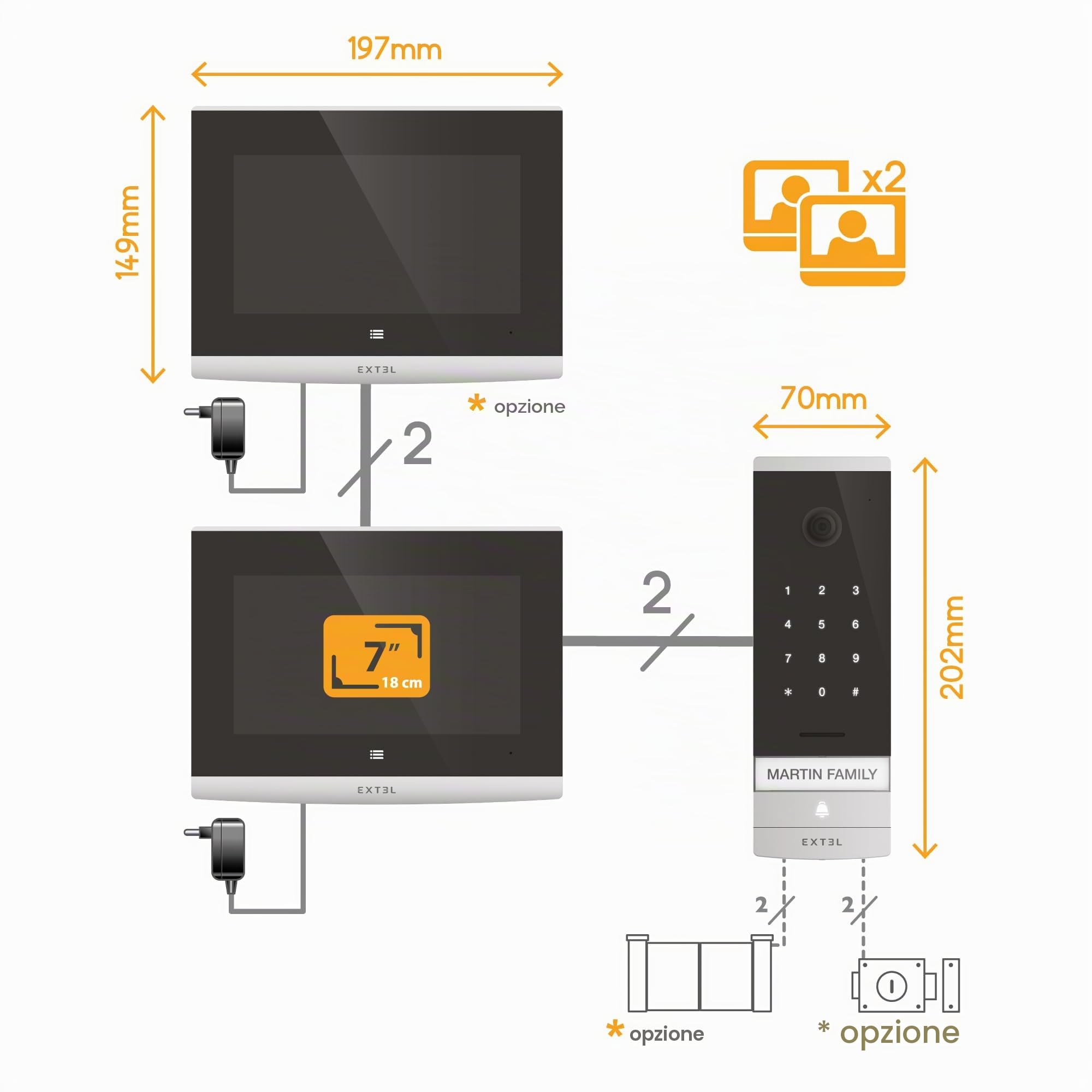 Avidsen Videocitofono cablato con schermo in vetro da 7" collegato al tuo smartphone con tastiera a codice integrato - Extel Code Connect