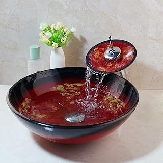 Bathroom Vessel Sink，Above the Counter Tempered Glass Sink Red Art Basin...