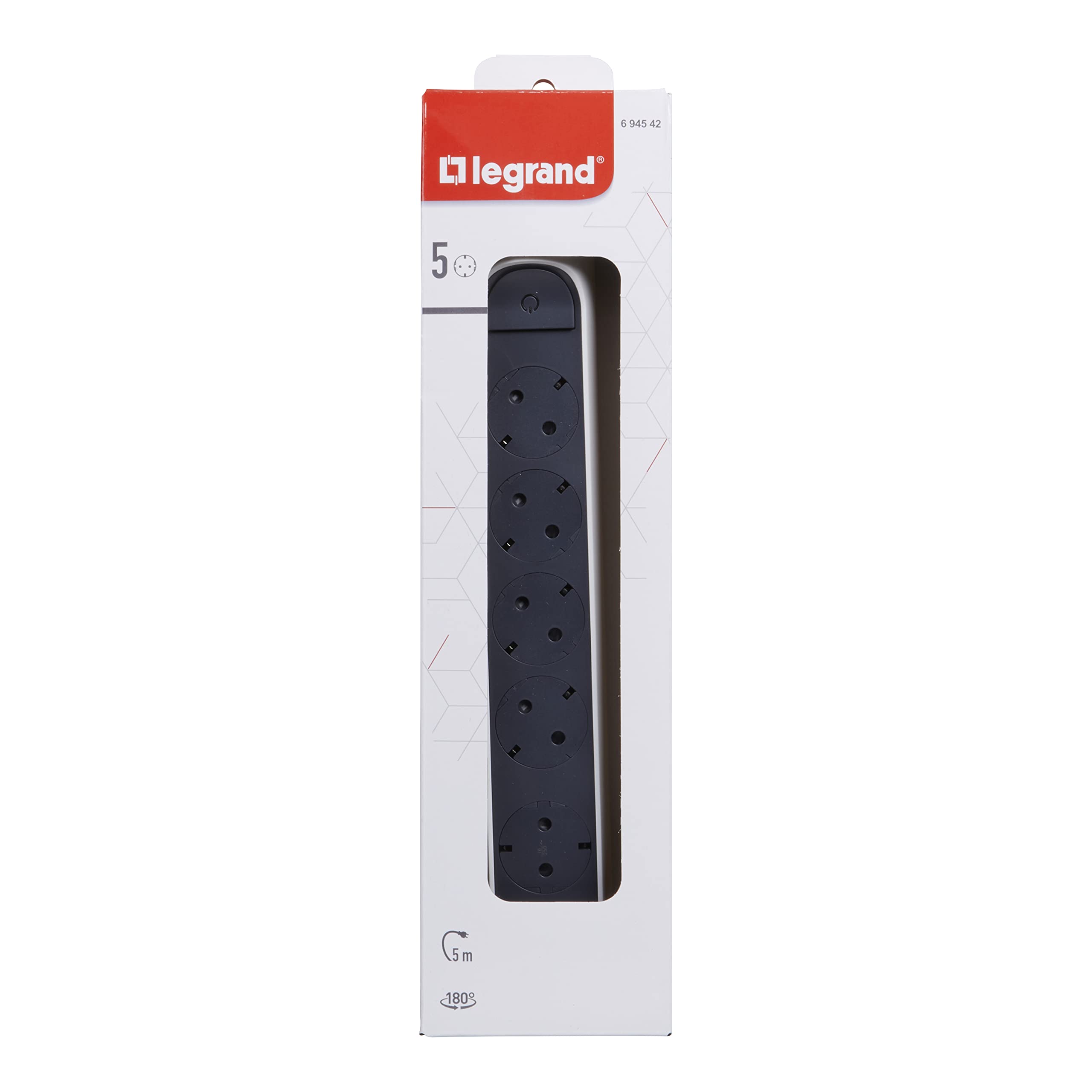 LEGRAND, Drehbare Steckdosenleiste, 5-fach Steckdose, Mehrfachsteckdose, Wand- oder Tischmontage, LED-Ein/Aus-Schalter, 5m Kabel, Ultraweiß/Dunkelgrau, 694542