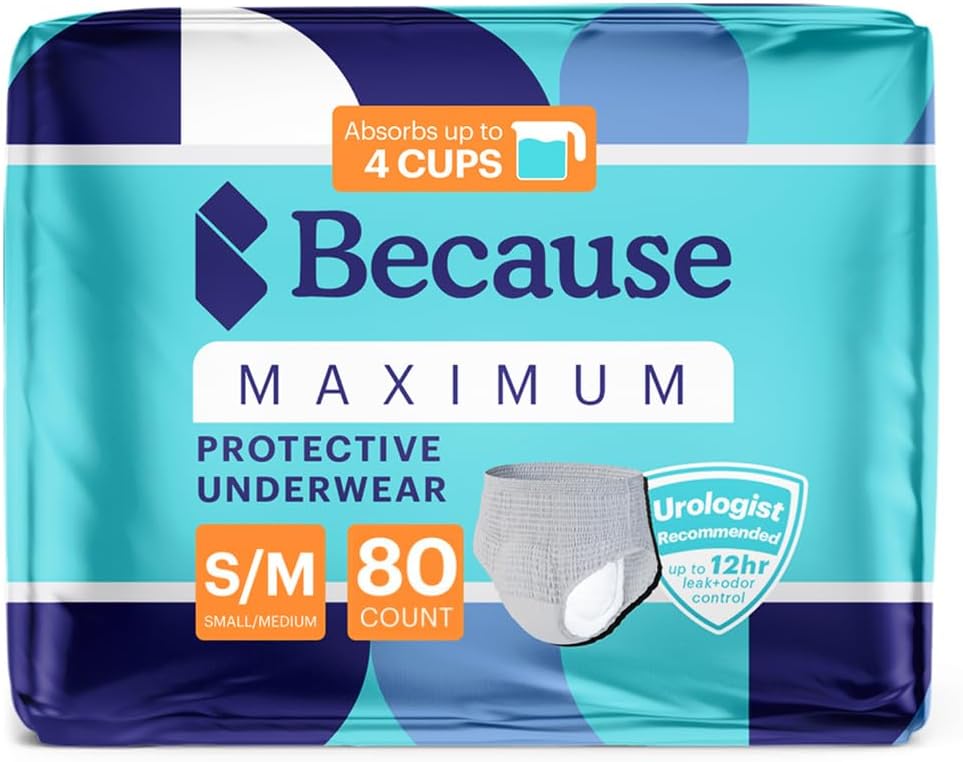Because Maximum Incontinence Underwear for Men - Heavy Bladder Leak Protection, Ideal for Overnight Leakage, Sleek, Invisible Fit, Grey, Small/Medium -Absorbs 4 Cups - 80 Count (4 Packs of 20)