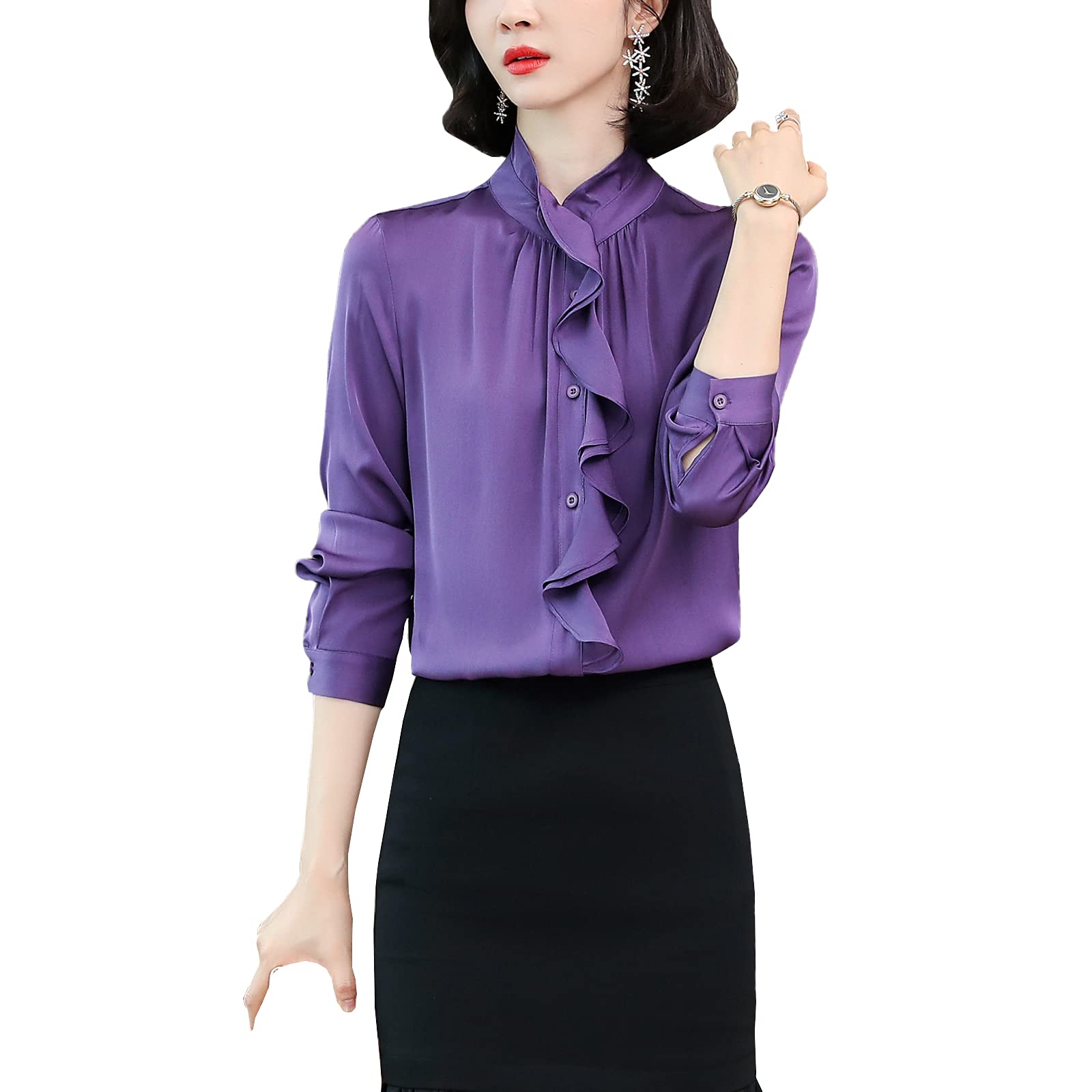 E-girl Blusa de seda para mujer, camisa de seda sólida, con botones, manga larga, cuello alto, blusa de seda, S3391