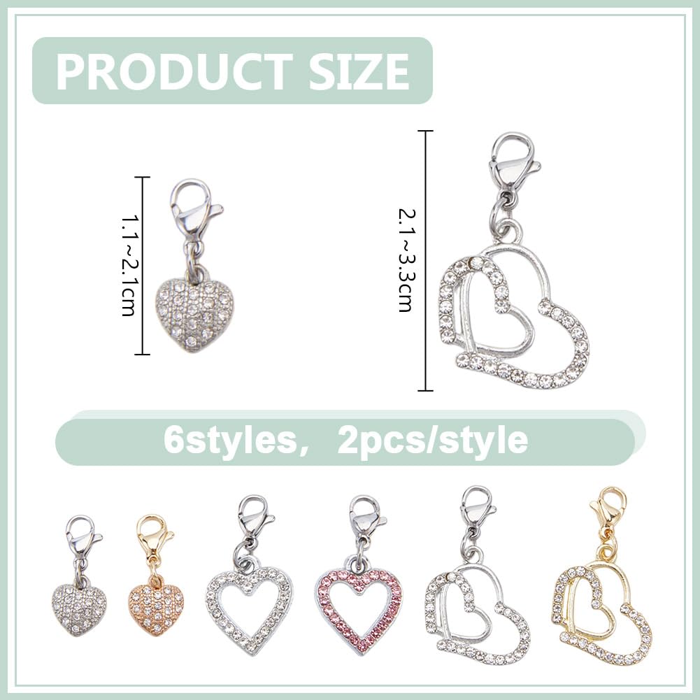 DELORIGIN 12PCS Heart Collar Charms for Pet Bling Rhinestones Cat Dog Collar Charms 6 Styles Brass Clip-On Pendants for Pets Collars Necklace Decoration Accessories Bag Decor Keychain Jewelry Making - Image 2