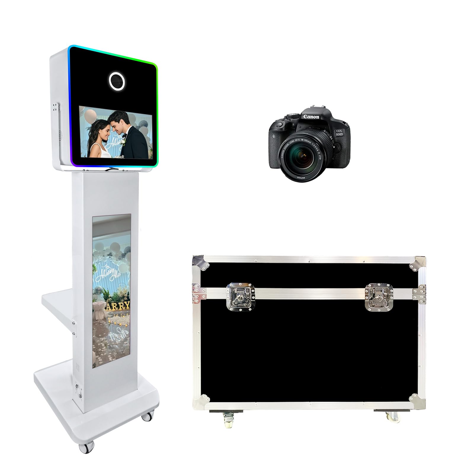Mirror Photo Booth with RGB Lighting App Control and Flight Case for Wedding Event Rental, Camera Photo Booth with 15.6in Mirror Touch Screen (Machine + Camera)