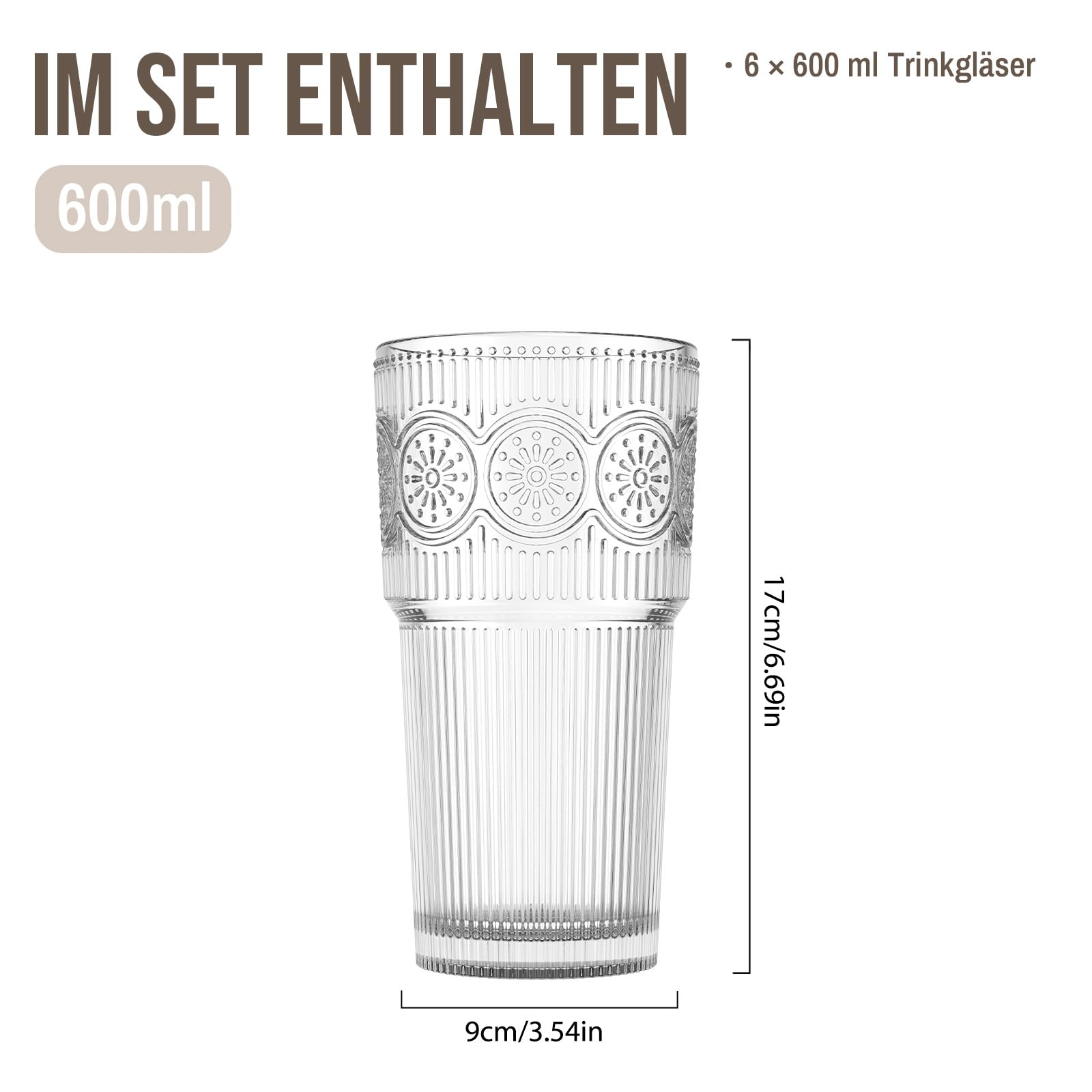 SoulTimes Wassergläser 600 ml 6er Set, Große Geriffelte Trinkgläser aus Dickem Glas, Gläser Set für Wasser, Saft, Iced Coffee, Cocktail, Tee & Matcha, Spülmaschinenfest, Geschenkidee & Camping