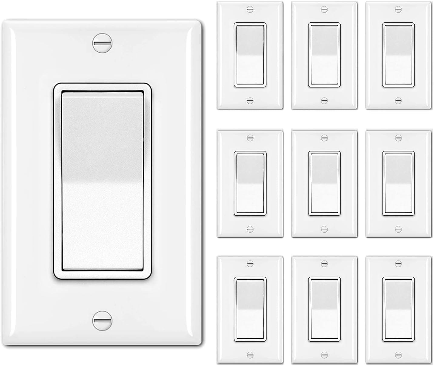 10 Pack Single Pole Decorator Light Switch with Wallplate, 15A 120/277V, Rocker Paddle Wall Switch, On/Off Interrupter for LED and Other Lamps