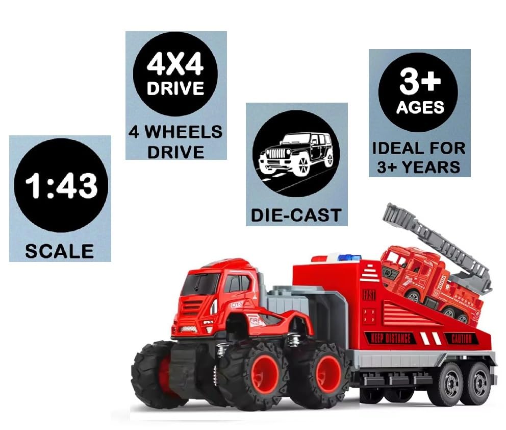Image of SHIPEASE Friction Powered Fire Engine Truck Toys for Kids Boys 1 /43 Die Cast Metal Model Fire Rescue Excavator Engineering Car Trailer Miniature Toy Pull Back Vehicle (Multicolor)