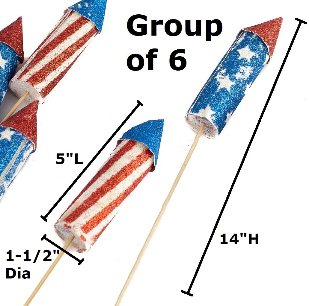 Group of 6 Americana Glittered Rocket Stems by Factory Direct Craft for 4th of July Decorating and Patriotic Displays
