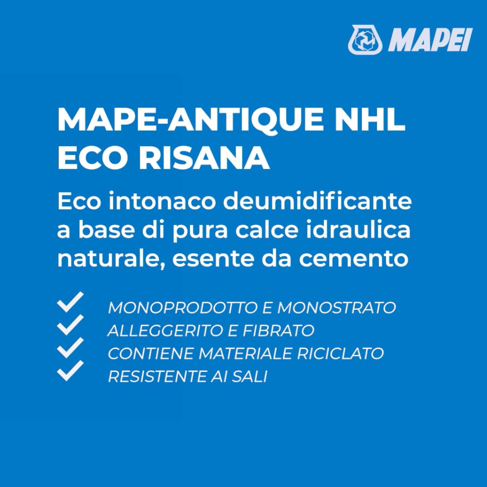 Mapei Mape Antique NHL Eco Risana Intonaco Deumidificante in Polvere, Calce Idraulica Naturale, Risanamento Murature 20 kg