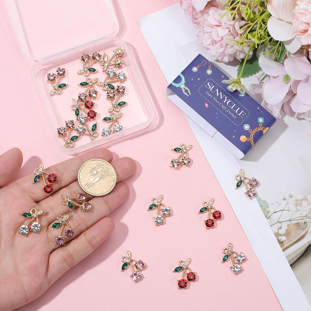 SUNNYCLUE 1 Box 24Pcs Cherry Crystal Charms Rhinestone Fruit Charms Bulk Metal Gold Glass Cherries Diamonds Pendants for Necklaces Earrings Bracelet Jewelry Making Keychains DIY Crafts Supplies Decor image 3
