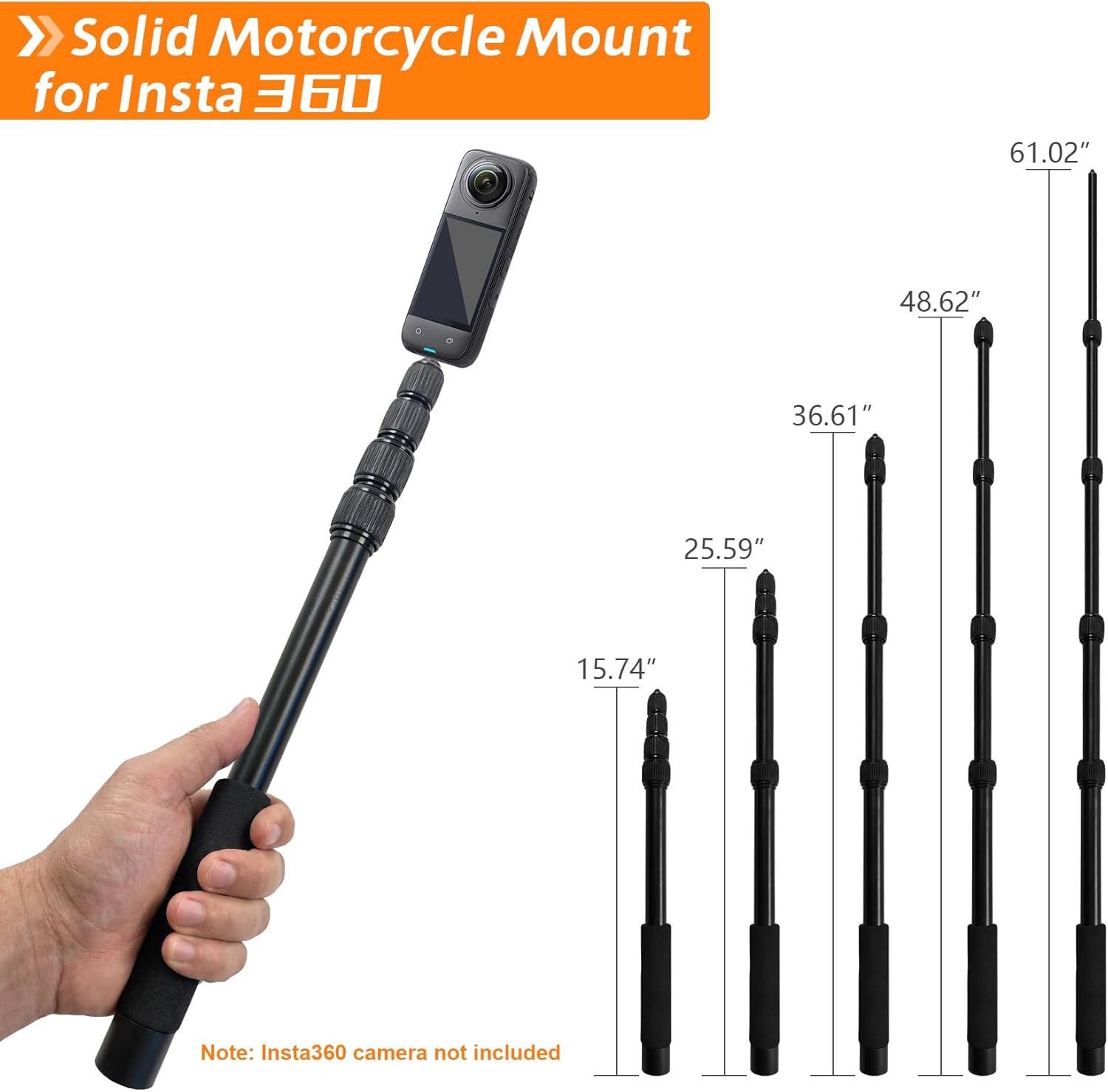 Motorcycle Camera Mount Kit Compatible with Insta 360 DJI Osmo & GoPro Cameras, Adjustable Handlebar Clamp Mounts with 59" Invisible Selfie Stick for Motorcycle & Bike Riding