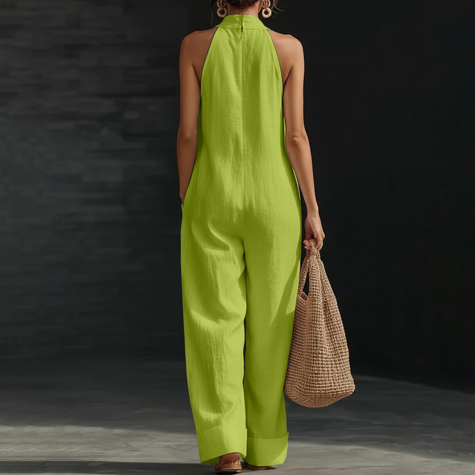 Ansenesna Jumpsuit Damen Sommer Elegant Lang Overall Baumwolle Leinen Weites Bein Jumpsuits Für Damen V Ausschnitt Ärmellos Einteiler Frauen Locker Weit Sommeroverall Leicht Romper Baggy Playsuit