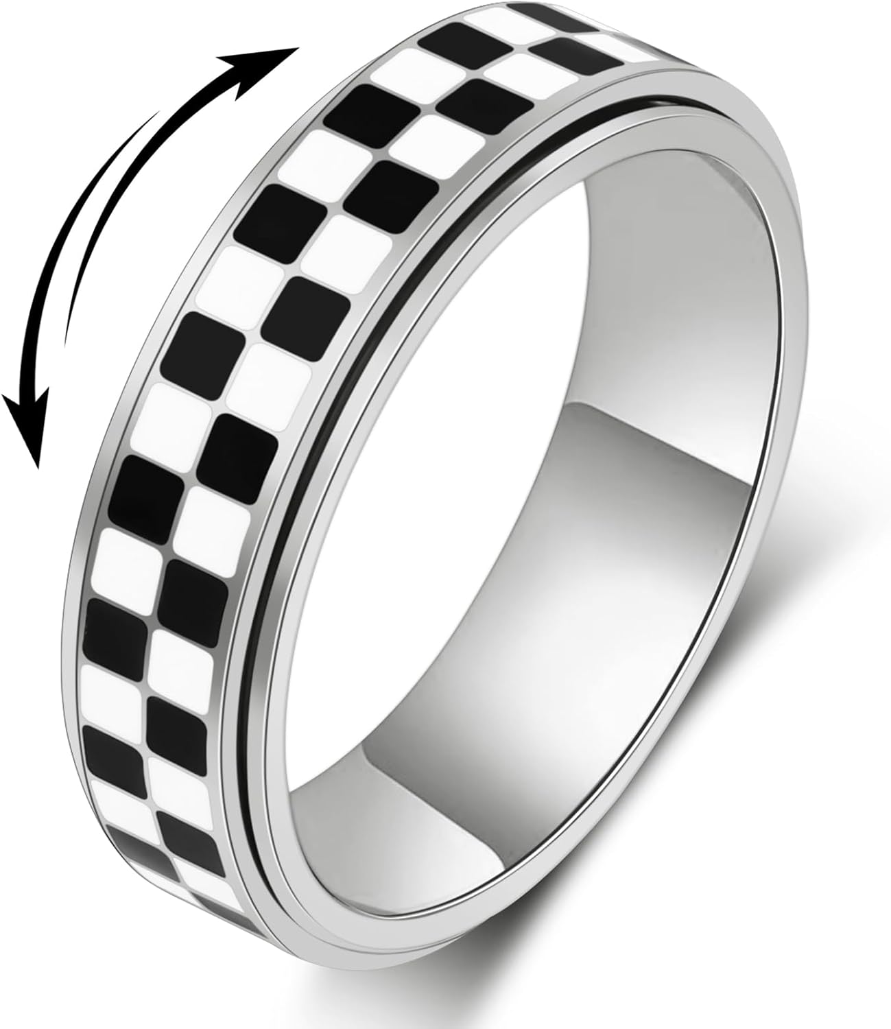 Checkered Fidget Ring for Anxiety Women Men, Black and White Pattern Stainless Steel Thumb Spinner Jewelry Anxiety Relief Items for Adults Gold Plated Silver Size 5-11