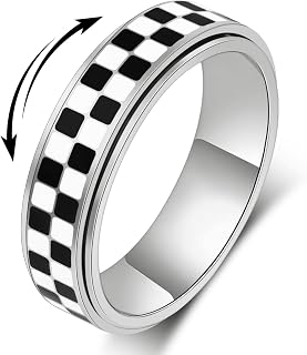Fidget Ring for Anxiety Women Men, Black and White Checkered Pattern Stainless Steel Spinner Jewelry Anxiety Relief Items for Adults Gold Plated/Silver Size 5-11