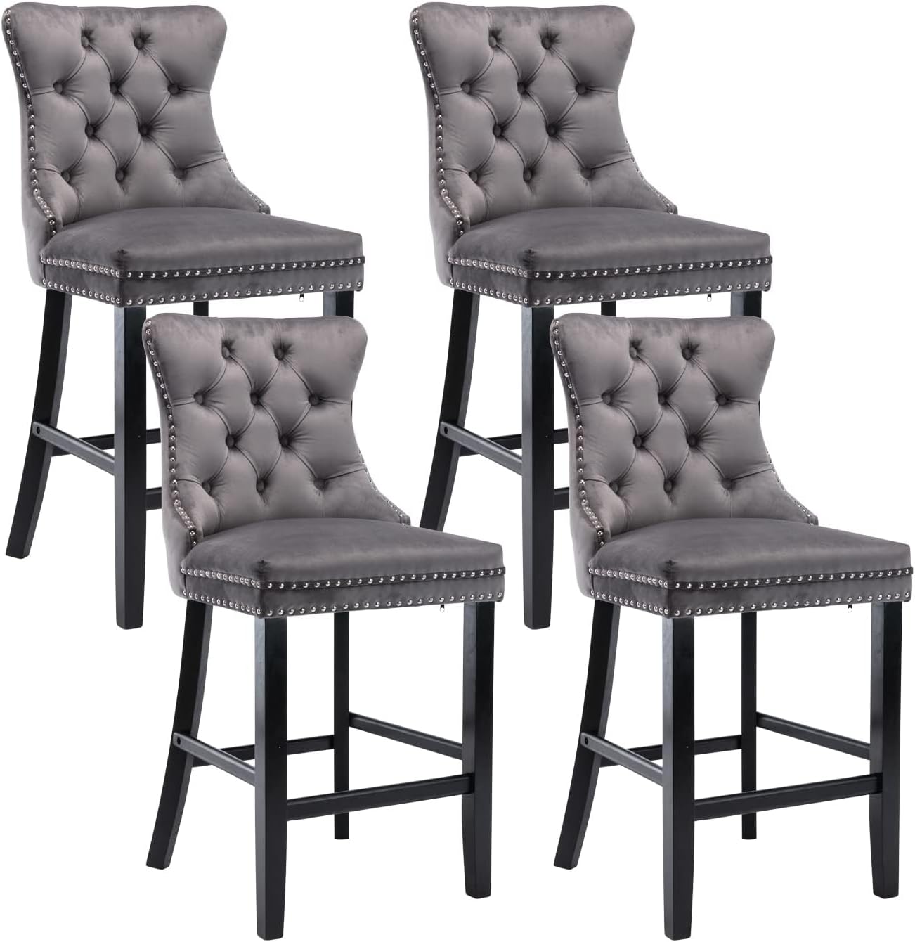 Modern Velvet Bar Stools Set of 4 Kitchen Breakfast Barstools with Wooden Legs Bar Chairs for Counter (4, Grey)