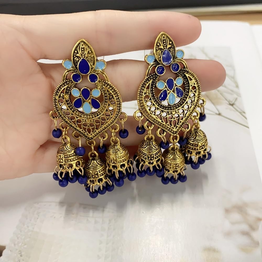 Boho Chandellier Jhumka Statement Dangle Earrings for Women Vintage Large Flower Ball Bead Tassel Drop Dangling Earring Indian Bollywood Jewelry Holiday Festival Christmas - Image 4