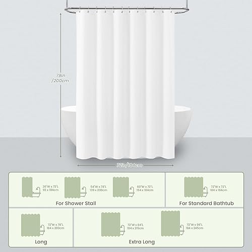 Miniatura 6 de Inhousolu Cortina de regadera de tela gofre, 230 GSM resistente, dobladillo pesado, 14 ganchos de metal, repelente al agua, lavable a máquina, juego