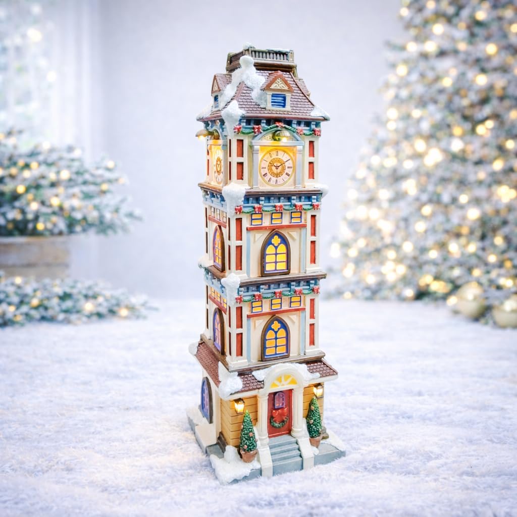 MOMENTS IN TIME Lighted Christmas Clock Tower 14.5” LED Hand-Painted Polyresin Village Decoration Battery Operated Elegant Holiday Tabletop Collectible Gift Ready Tabletop Décor