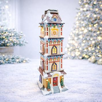 MOMENTS IN TIME Lighted Christmas Clock Tower 14.5 LED Hand-Painted Polyresin Village Decoration Battery Operated Elegant Holiday Tabletop Collectible Gift Ready Tabletop Decor