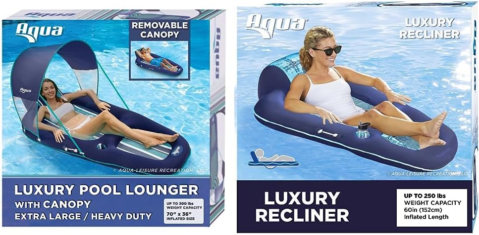 Aqua Ultimate Pool Float Lounger with UPF 50 Canopy and Cupholder – Heavy Duty, Inflatable Pool Loun & Aqua Luxury Water Lounge – Extra Large – Inflatable Pool Float