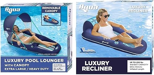 Aqua Ultimate - Tumbona flotante para piscina con toldo UPF 50 y portavasos, resistente, inflable para piscina y salón acuático de lujo,