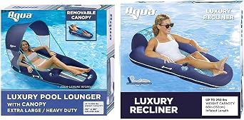 Aqua Ultimate Pool Float Lounger with UPF 50 Canopy and Cupholder Heavy Duty, Inflatable Pool Loun & Aqua Luxury Water Lounge Extra Large Inflatable Pool Float