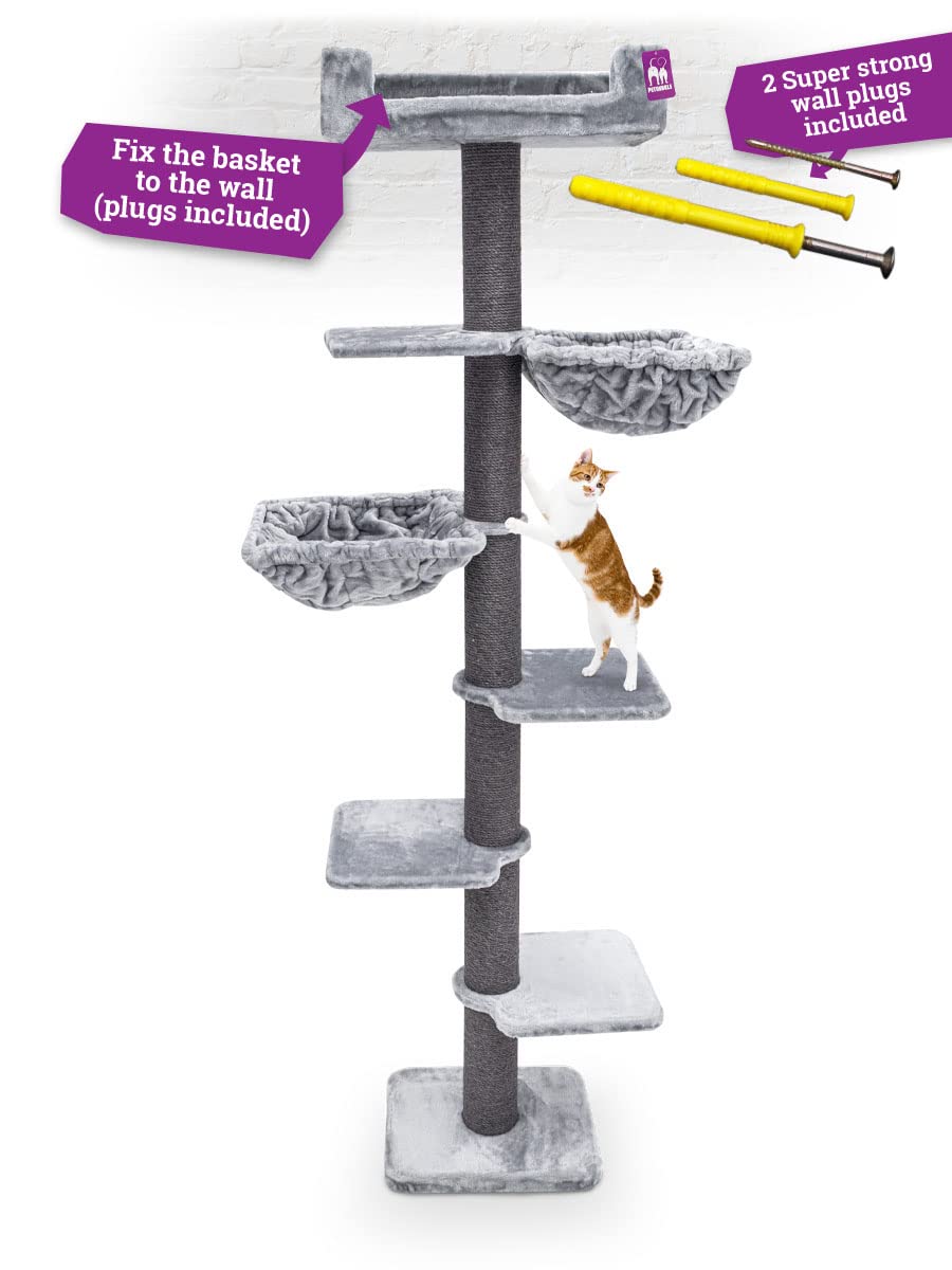 Petrebels Kratzbaum Deckenhoch mit Dicke Stämme, Alexis 224 cm, Grau | extrem stabil mit Wandmontage, Ø 12 cm Sisalstamm, für große Katzen & Maine Coon, mit 2 Hängematten und Sofa, bis zur Decke