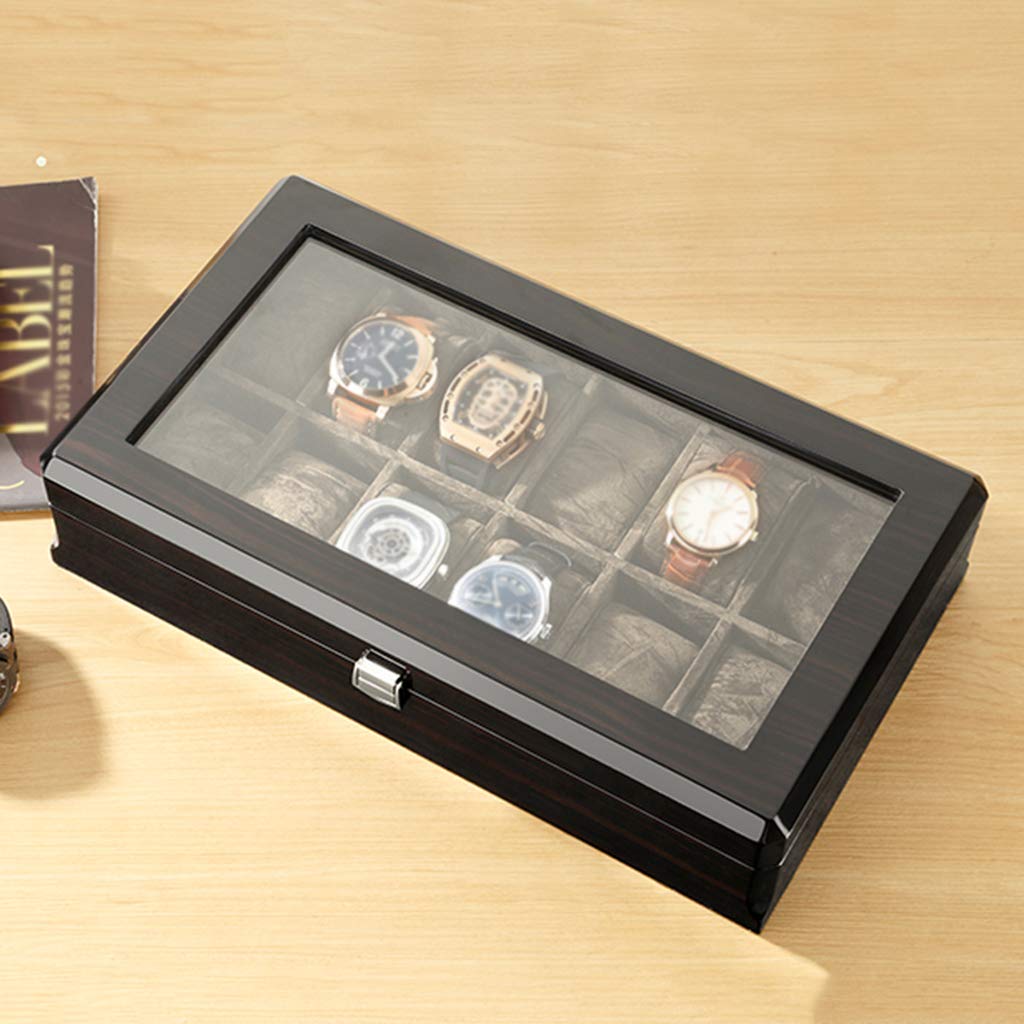 Kissenbezug for Uhrenbox-Organizer – 12 Fächer, luxuriöse Premium-Vitrinen mit gerahmtem Metallverschluss, große Halterboxen for Uhren und Schmuck(Black)
